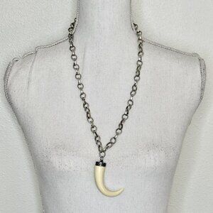 Faux Tooth Fang Tusk Bone Pendant Necklace w/Silver Tone Chain Goth Whimsygoth